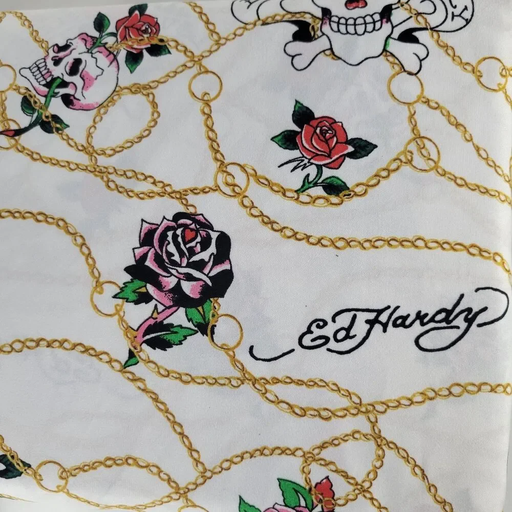 Ed Hardy KING Sheets Set 6pc White Pink Skull Roses Gold Chain Love Kills Tattoo